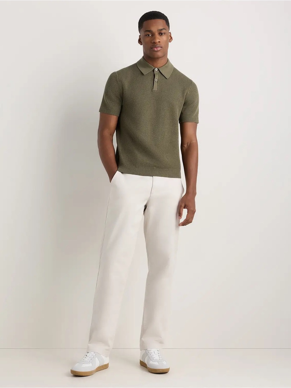 COS Silk Cotton Olive Knit Short Sleeve Polo